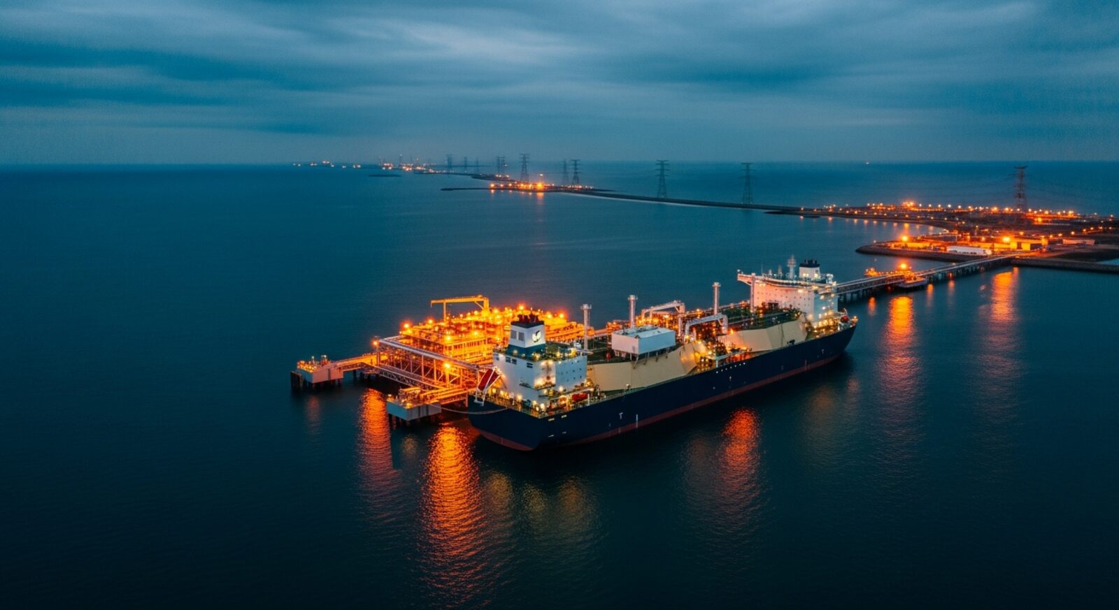 Offshore LNG-to-power terminal at blue hour