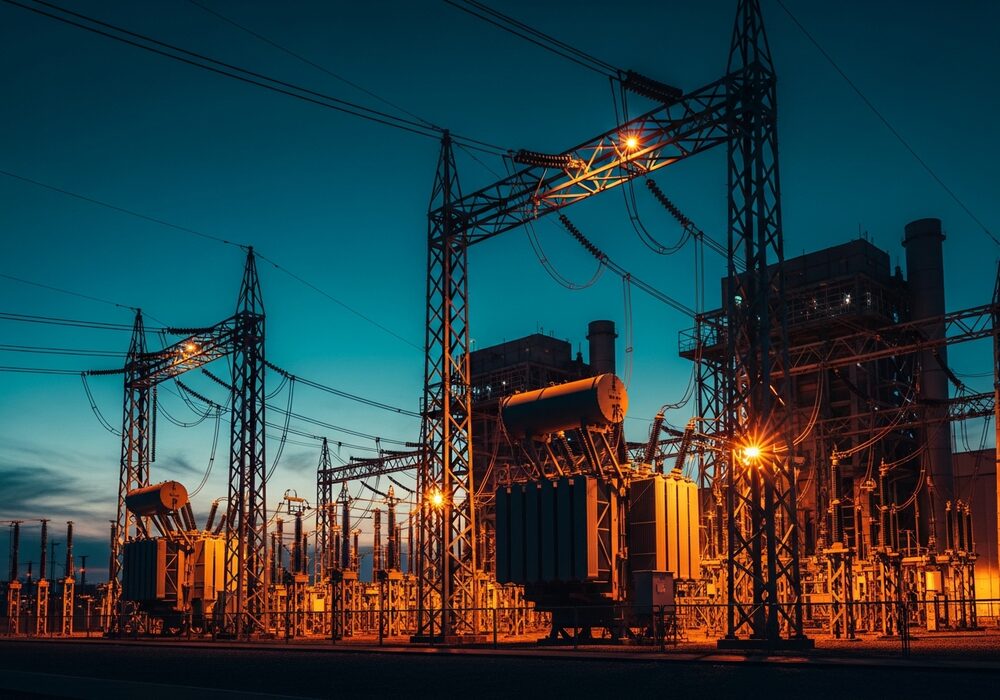 Combined-cycle power plant and switchyard at dusk