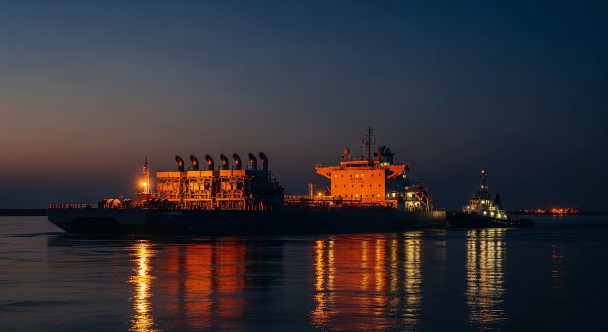 Heavy-fuel-oil power barge under tow approaching port at dusk