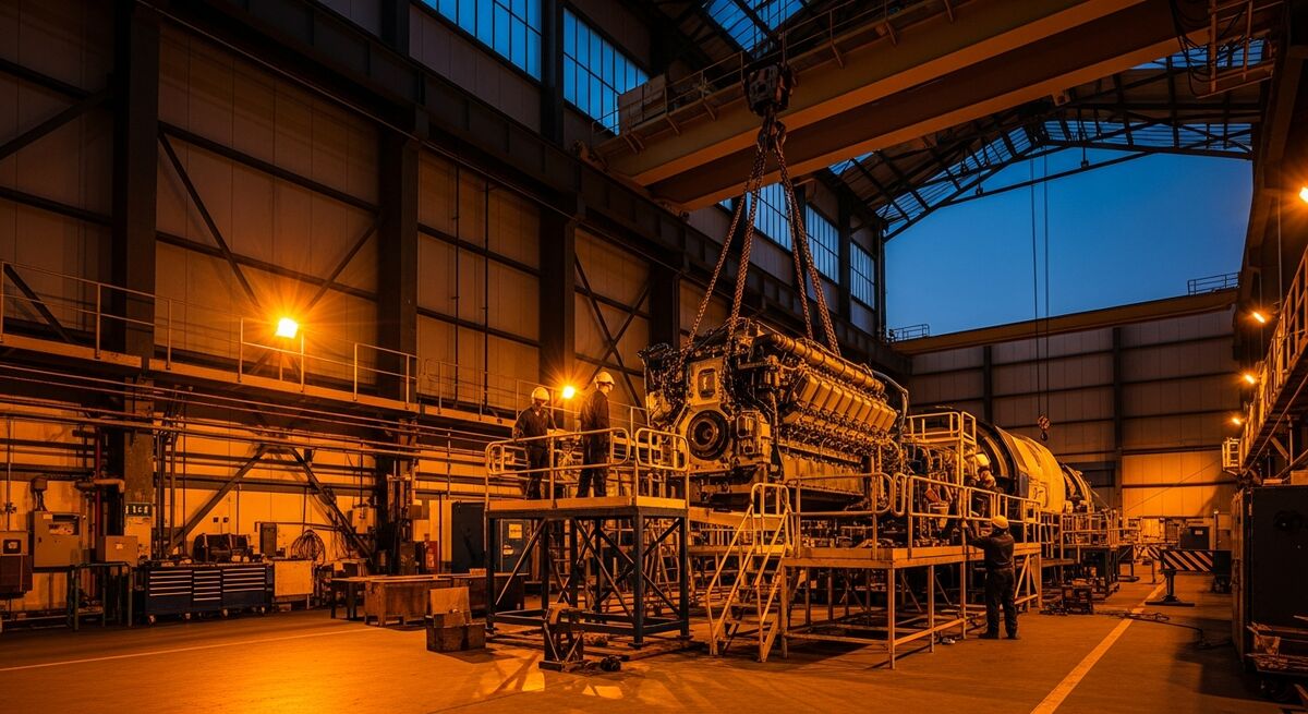 Engine hall crane dismantling a large diesel generating set