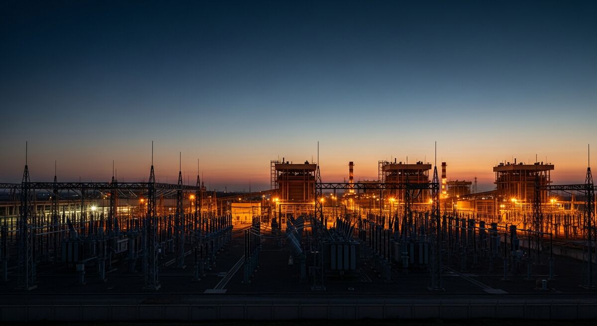 National power station complex with high-voltage switchyard at night
