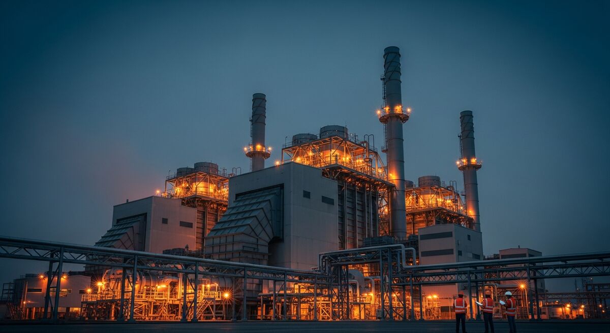 Large combined-cycle power plant exterior at dusk