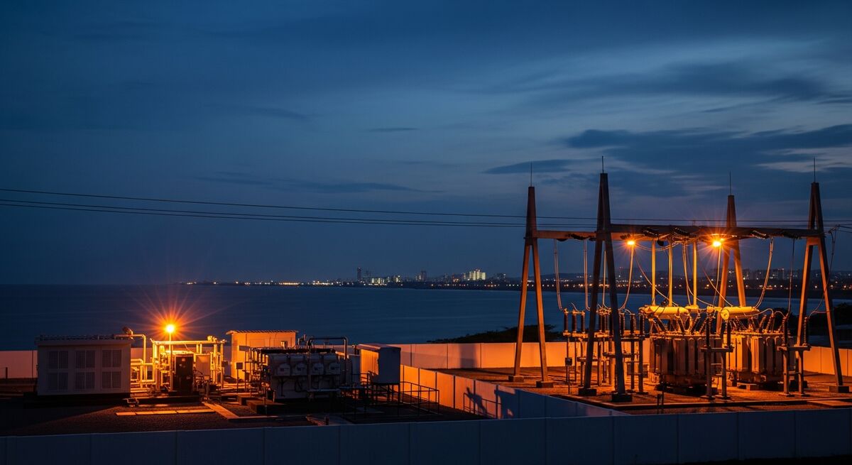 Power plant and grid infrastructure at dusk in West Africa