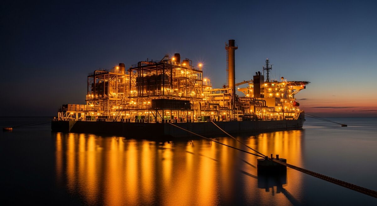 Floating gas power plant permanently moored in a lagoon at dusk