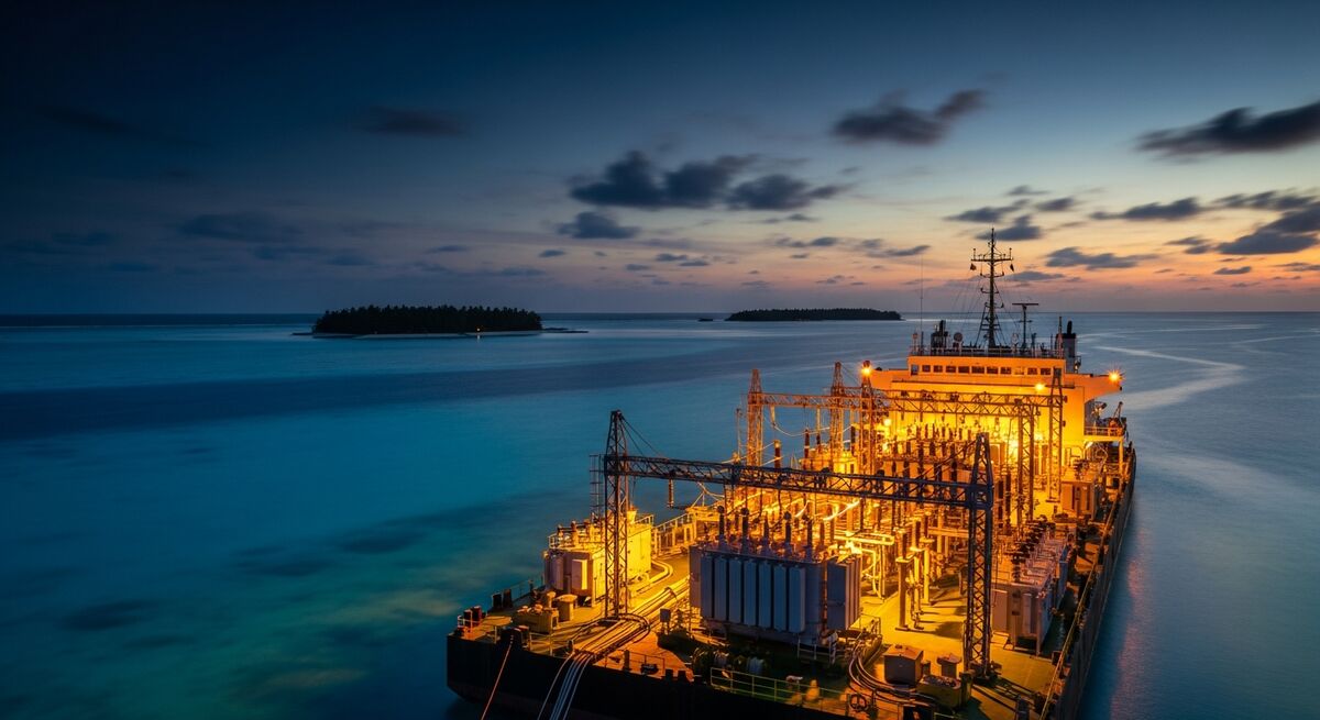 Power barge anchored in a tropical island lagoon