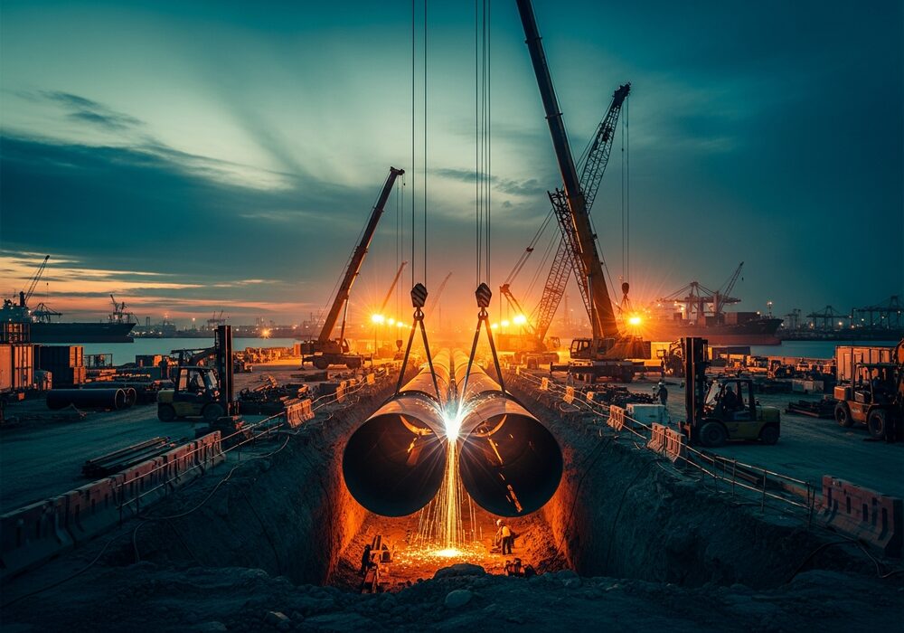 Representative rendering of pipeline construction works in an active port