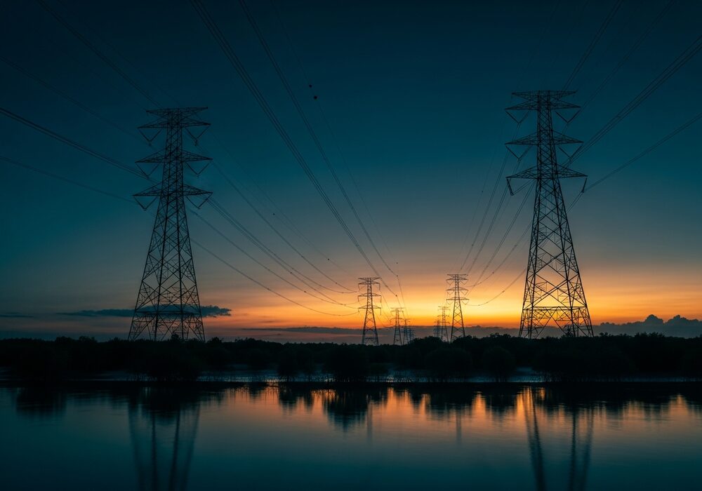 High-voltage transmission lines and substation at dusk
