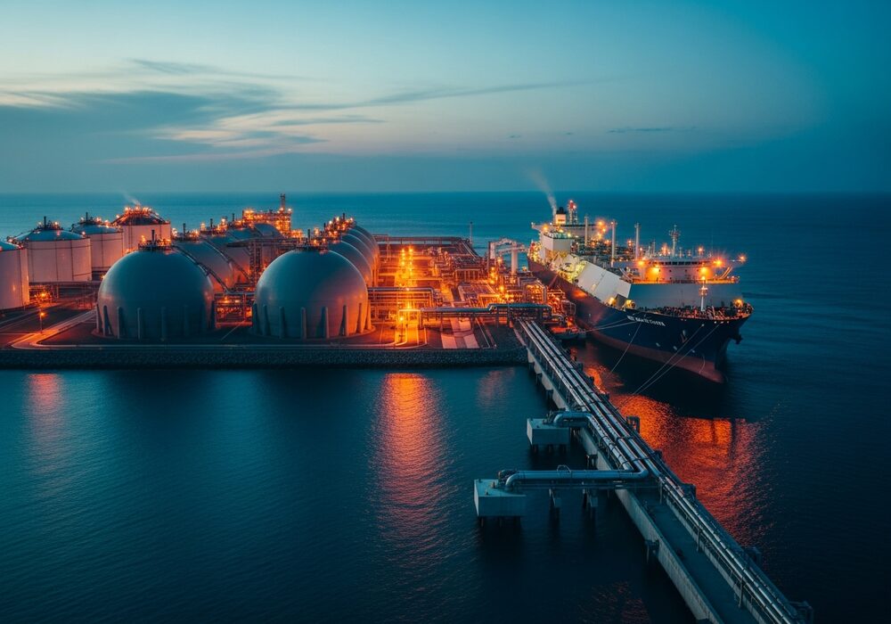 LNG carrier moored alongside an FSRU import terminal