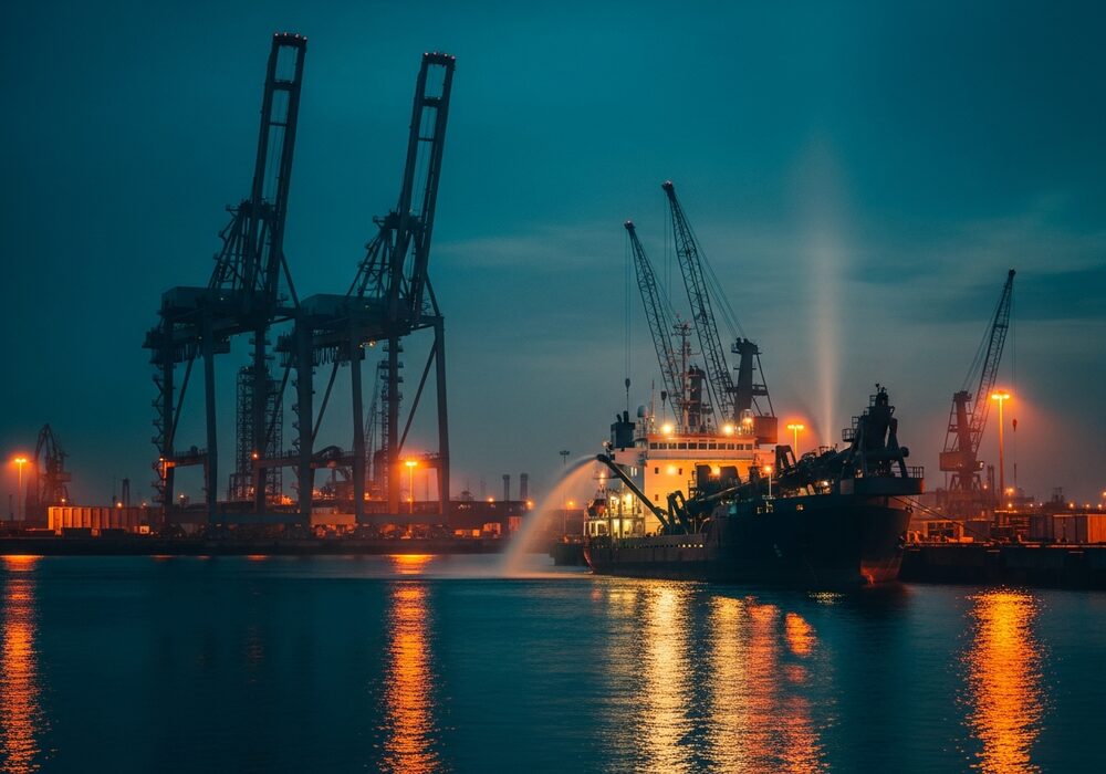 Marine cranes at a port construction site