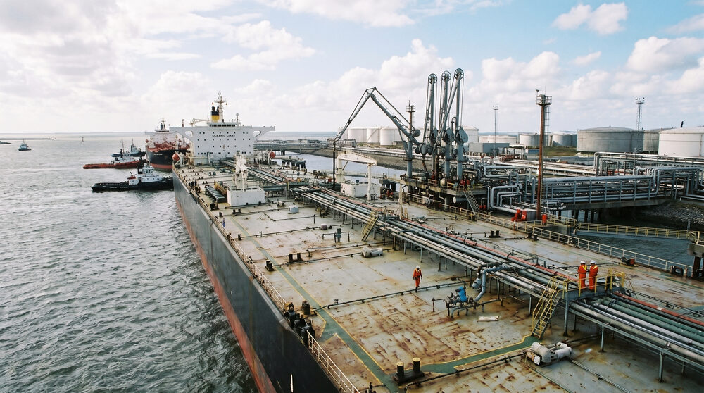Tanker alongside an offshore energy terminal