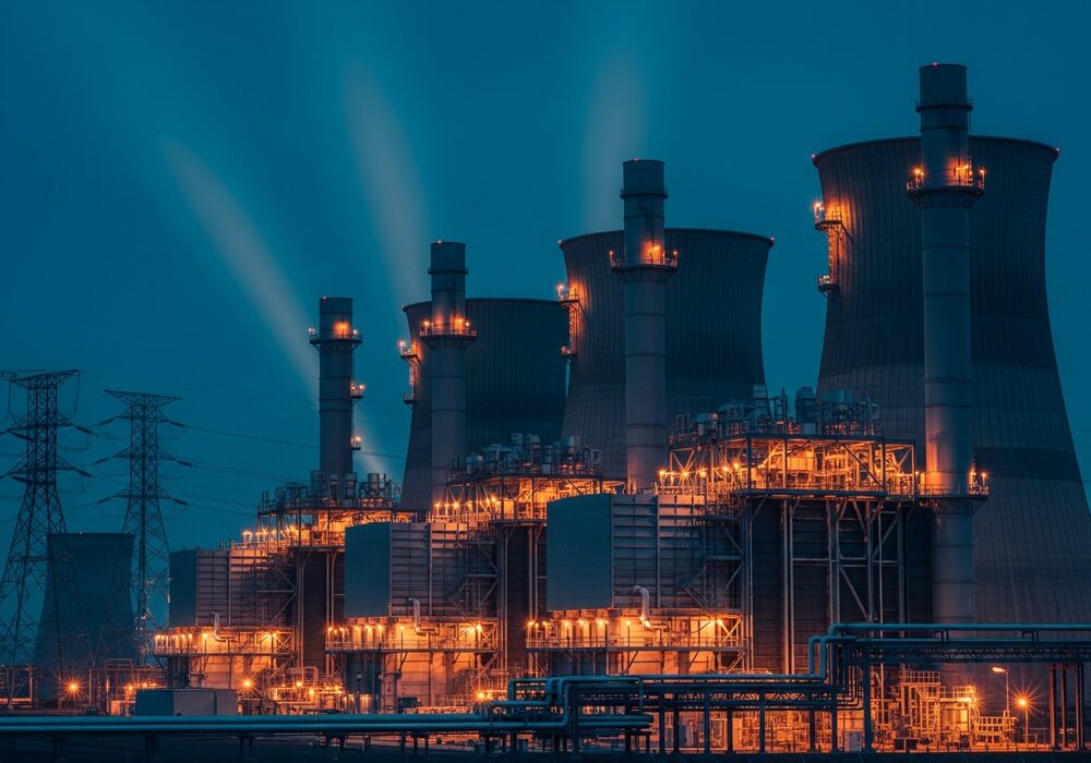Gas-fired power plant at dusk