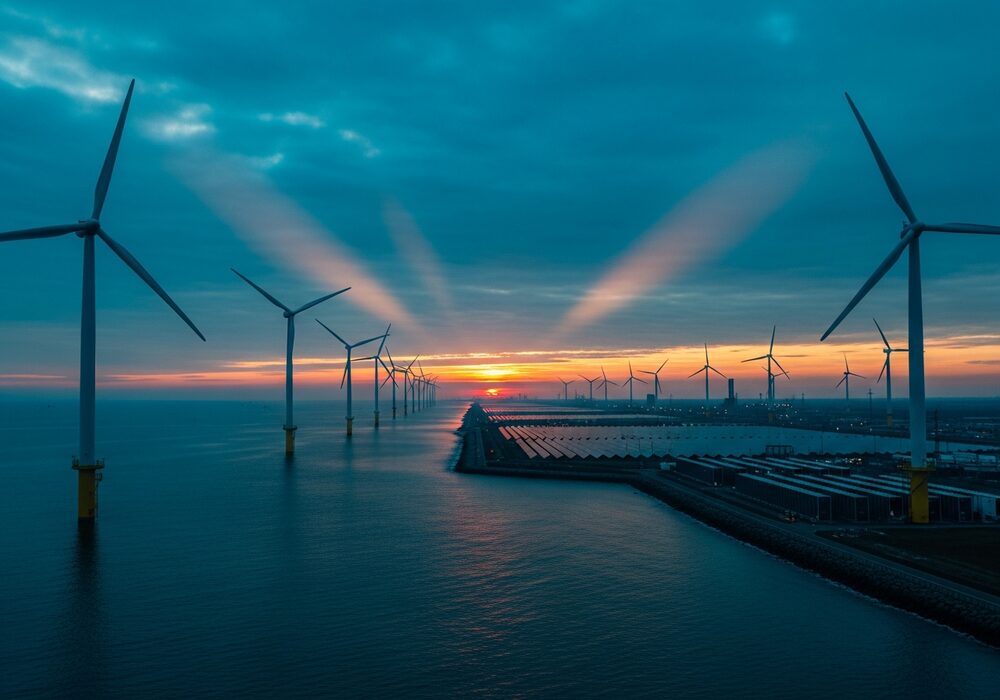 Wind turbines and solar PV panels at a hybrid energy site
